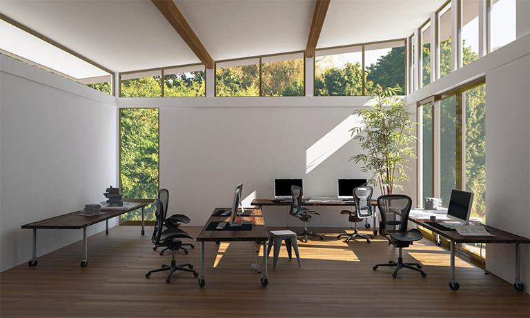 Strefa architektoniczna z pięknym zielonym lasem za oknem